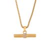 Gold-plated stainless steel T-bar pendant necklace with cubic zirconia detailing. Hypoallergenic, non-tarnish, and waterproof jewelry for timeless elegance.