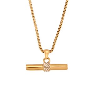 Gold-plated stainless steel T-bar pendant necklace with cubic zirconia detailing. Hypoallergenic, non-tarnish, and waterproof jewelry for timeless elegance.