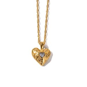gold plated stainless steel heart shaped necklace with fancy zircons anti tarnish tarnish free hypoallergenic waterproof jewellery