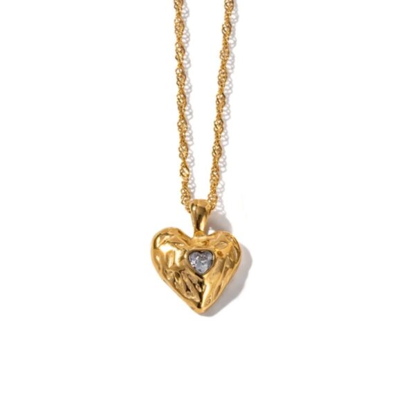 gold plated stainless steel heart shaped necklace with fancy zircons anti tarnish tarnish free hypoallergenic waterproof jewellery