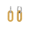 A pair of modern two-tone huggie hoop earrings featuring a silver hoop with a gold textured chain-link drop. Stylish, lightweight, and tarnish-free, perfect for everyday wear or a statement look