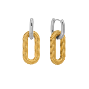 A pair of modern two-tone huggie hoop earrings featuring a silver hoop with a gold textured chain-link drop. Stylish, lightweight, and tarnish-free, perfect for everyday wear or a statement look