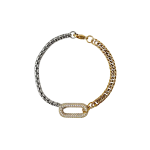 Gold-plated stainless steel two-tone zircon bracelet with cubic zirconia detailing. Hypoallergenic, non-tarnish, and waterproof jewelry for timeless elegance.
